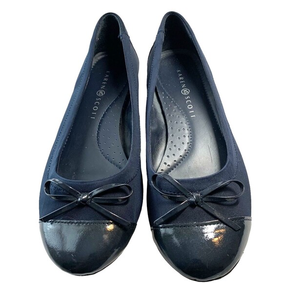Karen Scott Navy Blue Ballet Slippers Womens 8M Patent Toe w/Bow - Picture 1 of 7